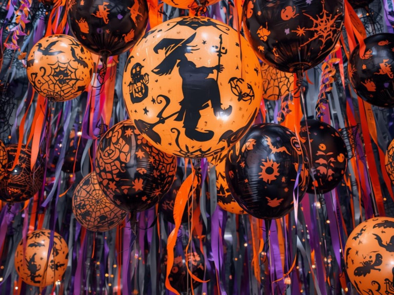 Čarodějnická výzdoba pomocí balónků a pavučin