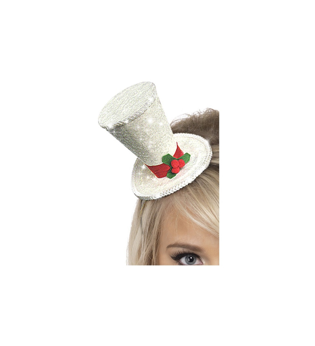 Vánoční mini klobouček s flitry - bílý