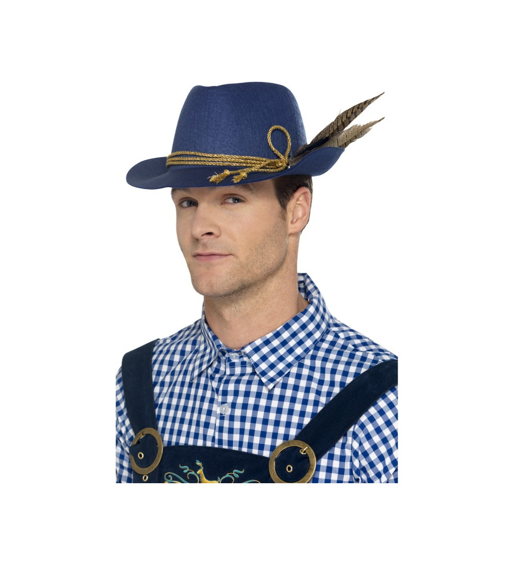 Bavorský klobouk - modrý s pírky