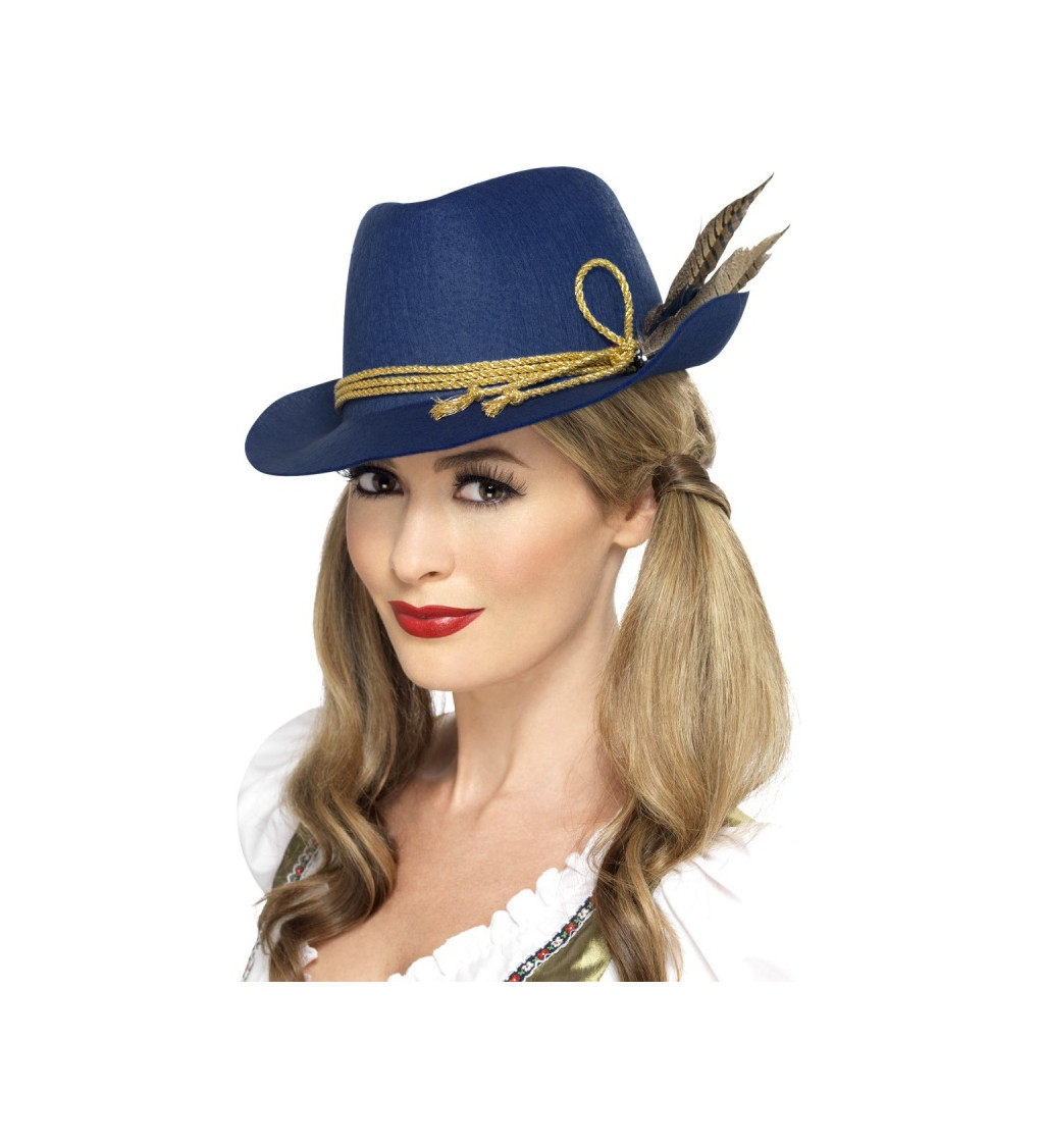 Bavorský klobouk - modrý s pírky