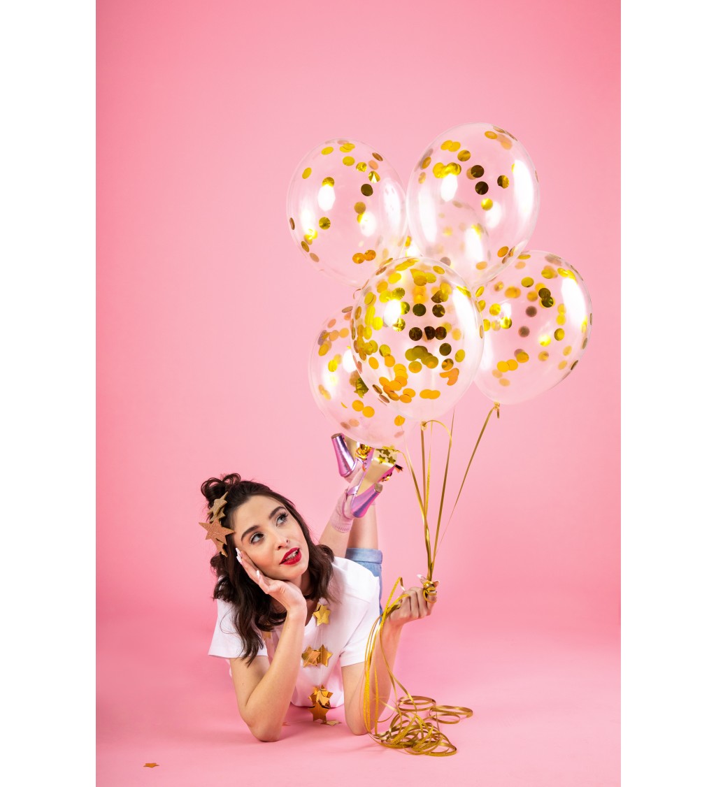 Latexové balónky průhledné zlaté konfety 30 cm 6 ks