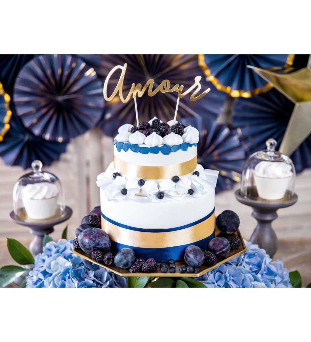 Zlatý nápis Amour - špejle na dort