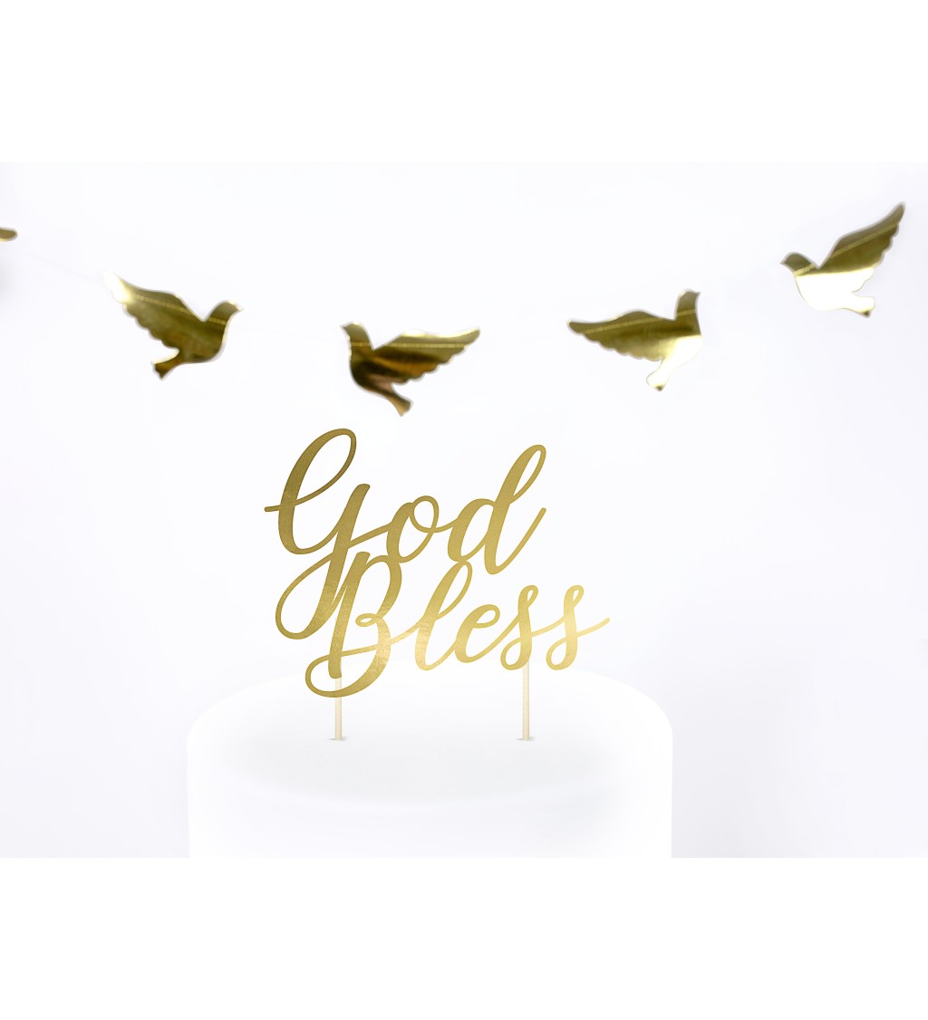 Zlatý nápis God Bless - špejle na dort