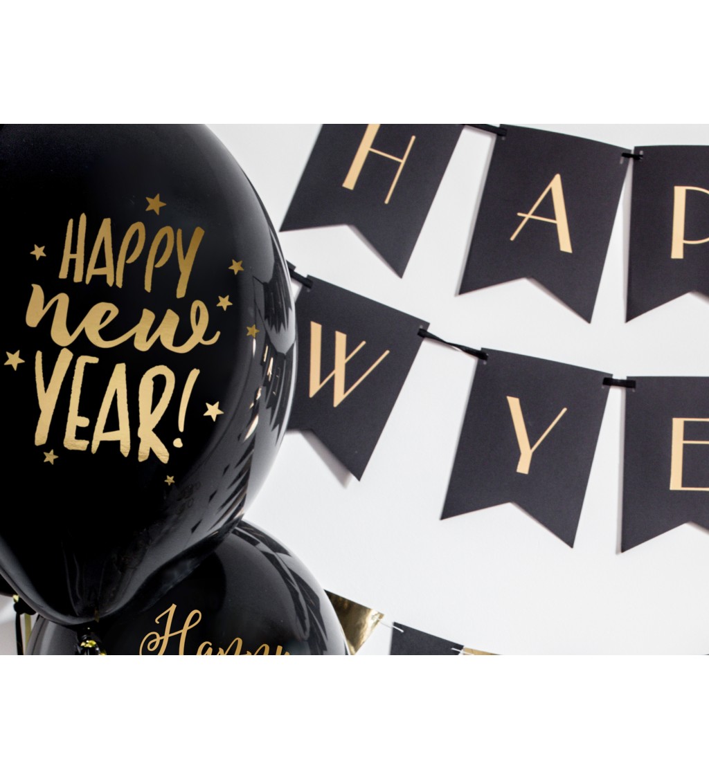 Latexové balónky 30 cm černé, Happy new year, 6 ks