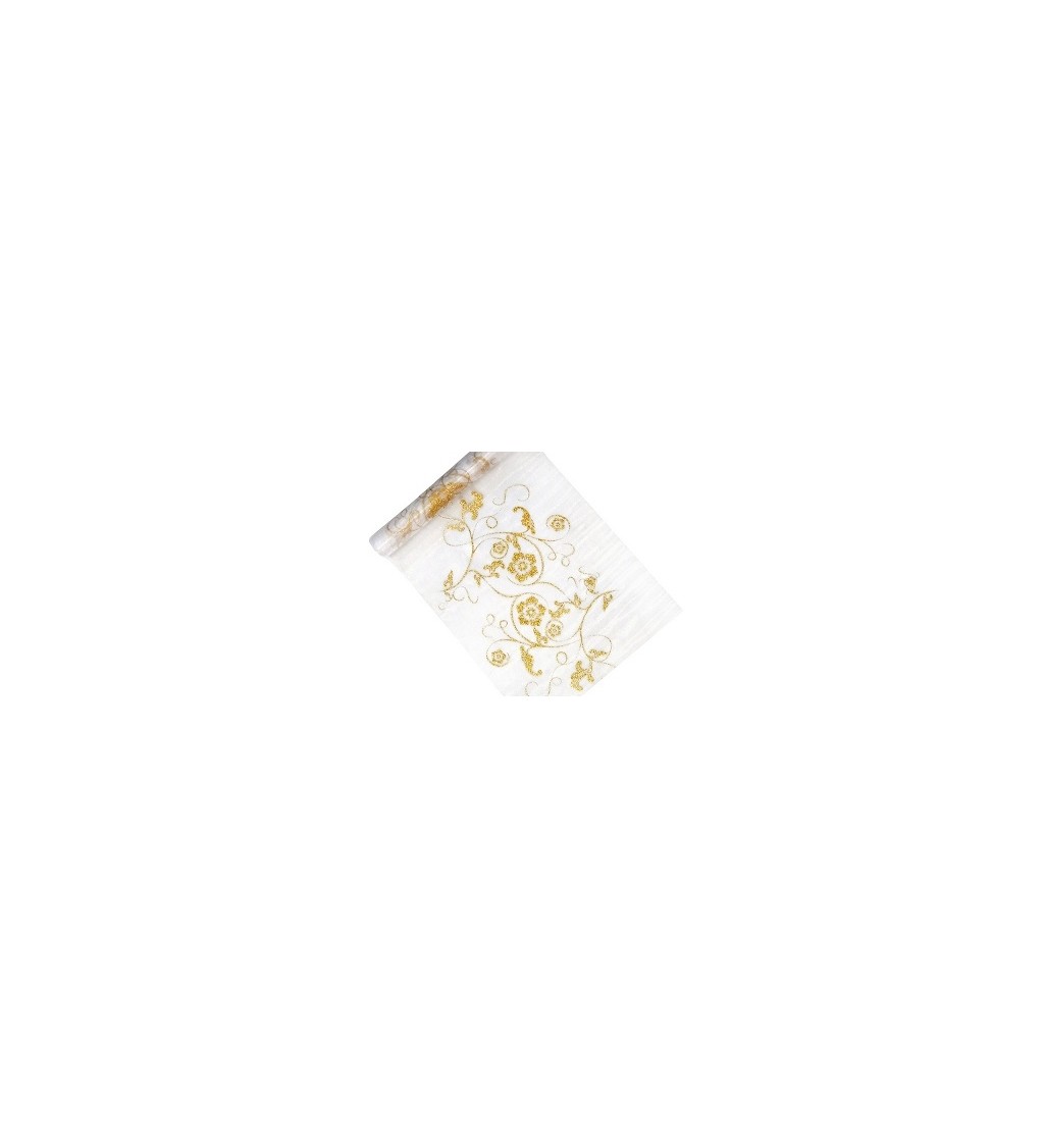 Svatební organza bílá - zlaté pnoucí květy