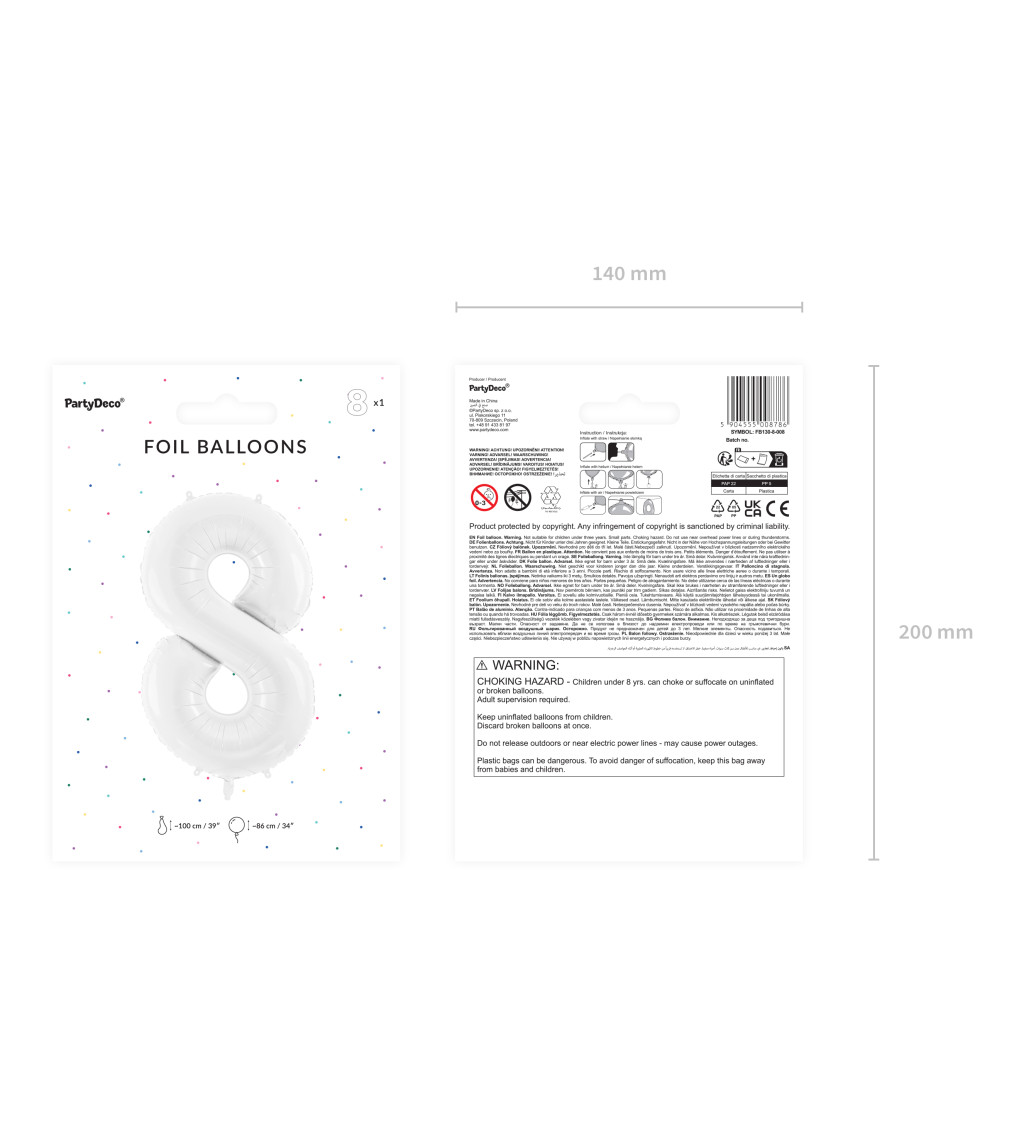 Fóliový balónek číslo 8 bílá 86 cm