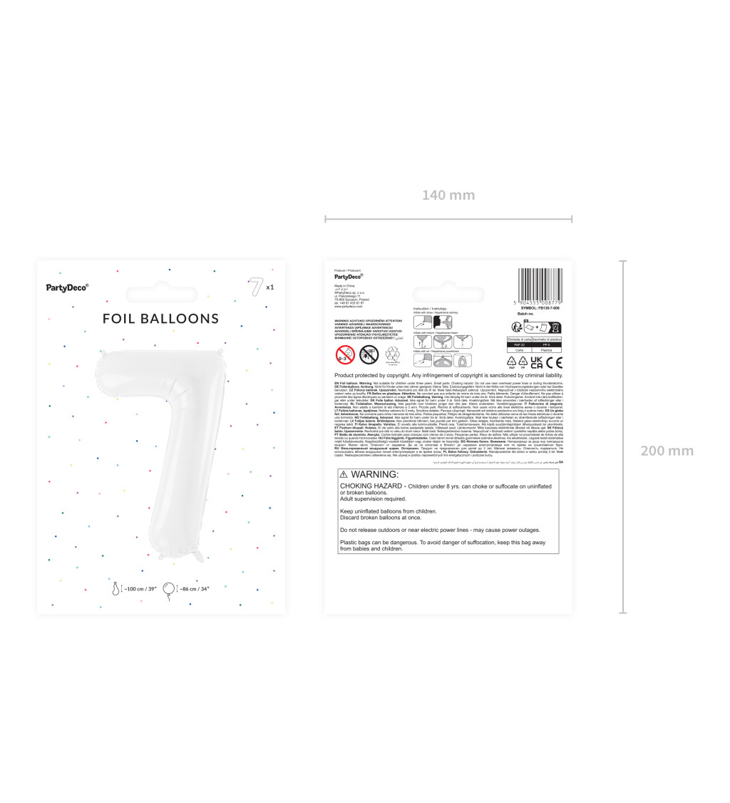 Fóliový balónek číslo 7 bílá 86 cm