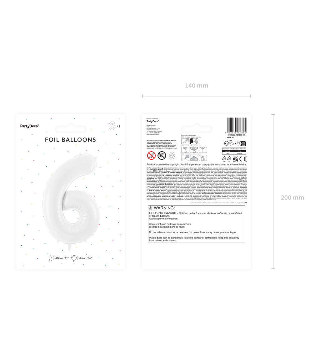 Fóliový balónek číslo 6 bílý 86 cm