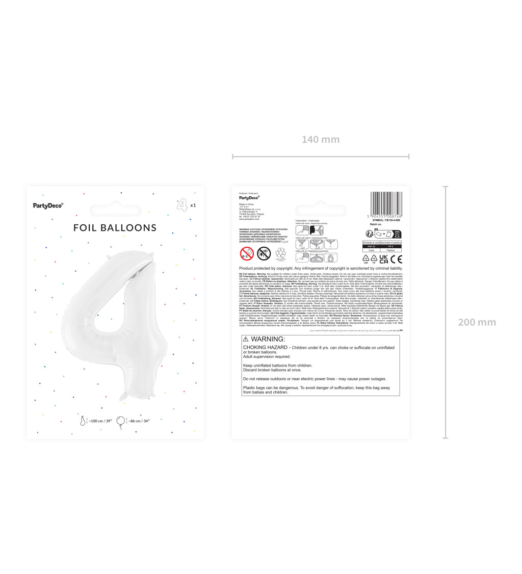 Fóliový balónek číslo 4 bílá 86 cm