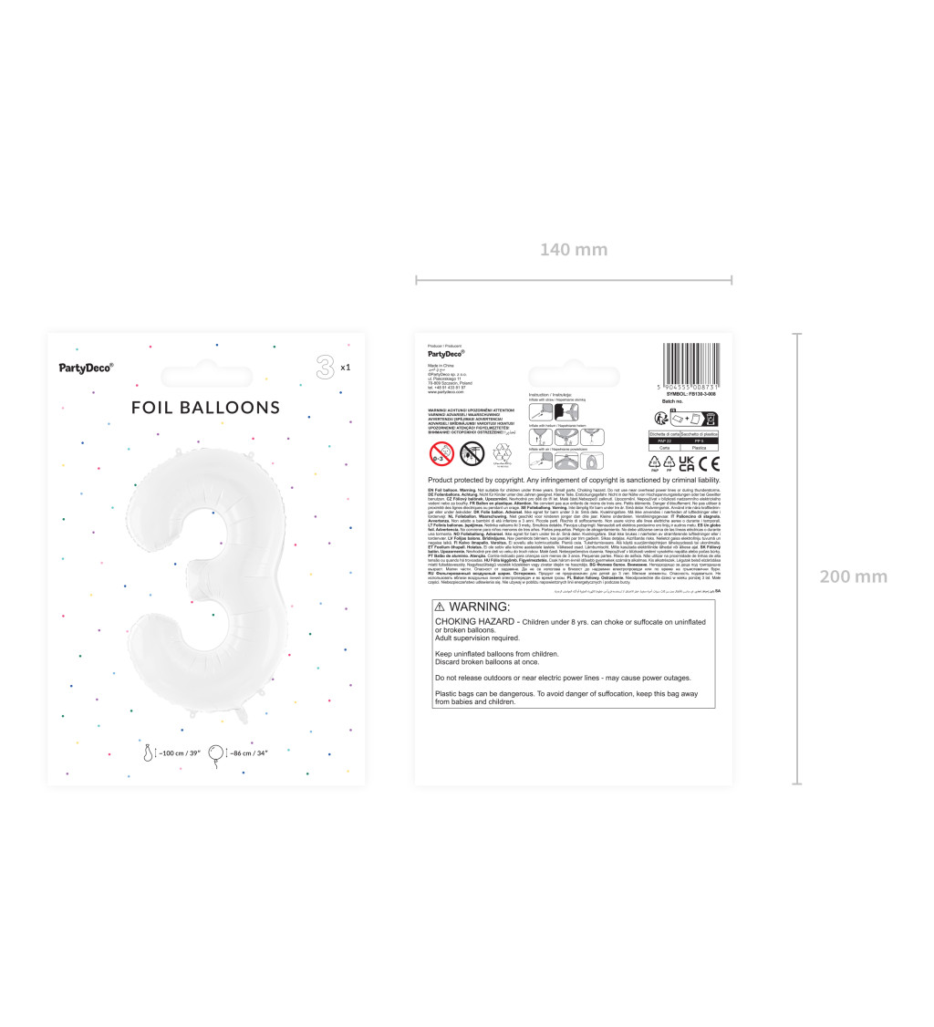 Fóliový balónek číslo 3 bílá 86 cm