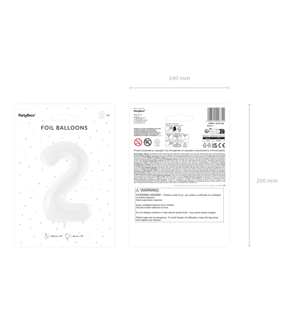 Fóliový balónek číslo 2 bílá 86 cm