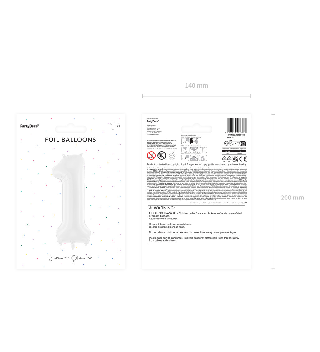 Fóliový balónek číslo 1 bílá 86 cm