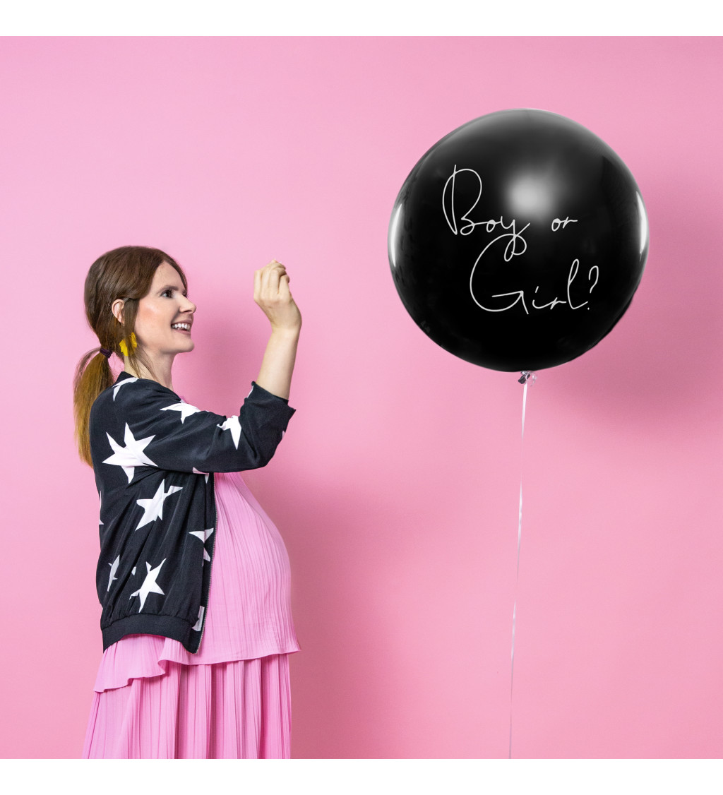 Černý balónek s překvapením kluk nebo holka - růžové konfety