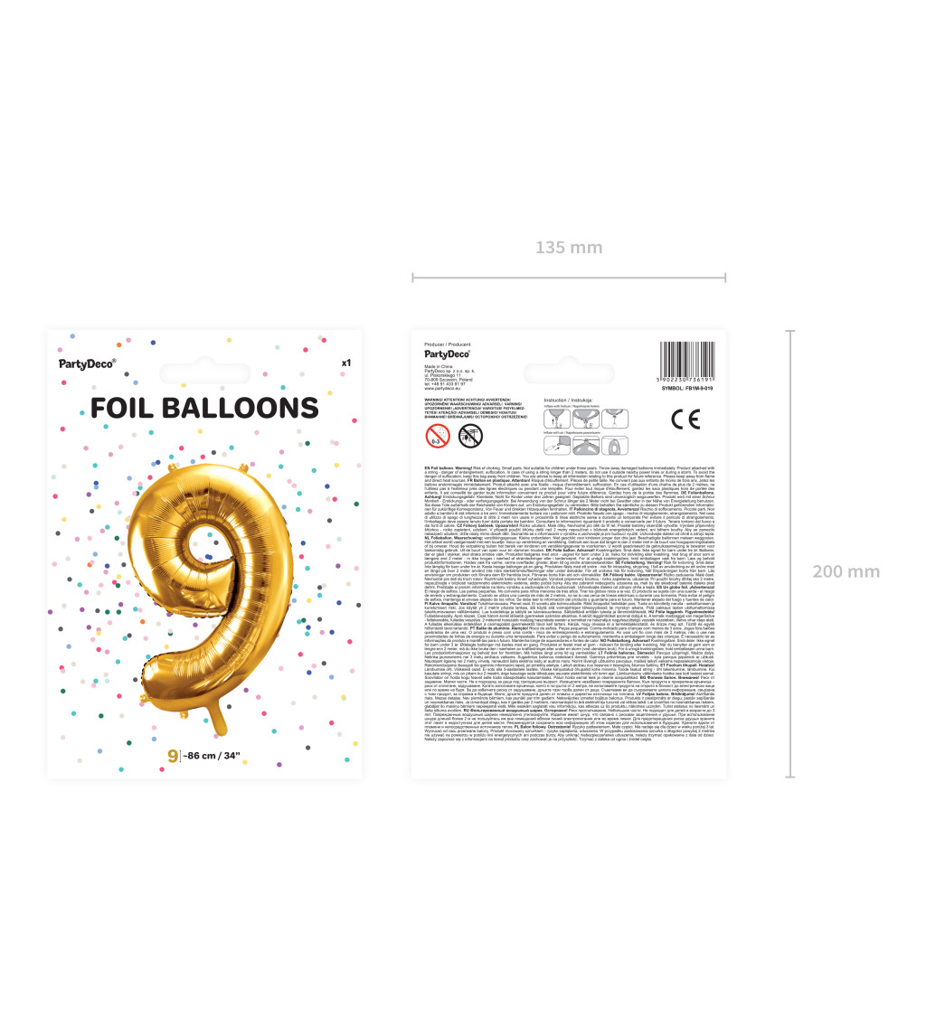 Fóliový balónek číslo 9, zlatý