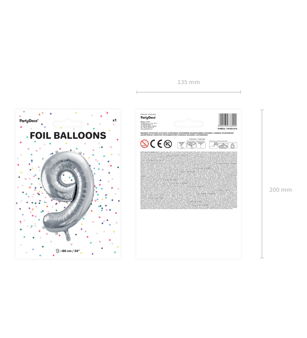 Fóliový balónek číslo 9, stříbrný