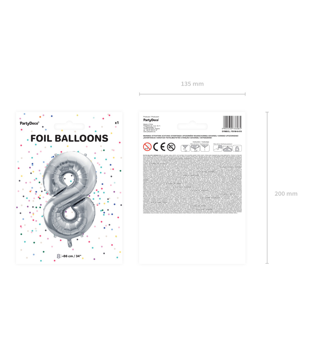 Fóliový balónek číslo 8, stříbrný