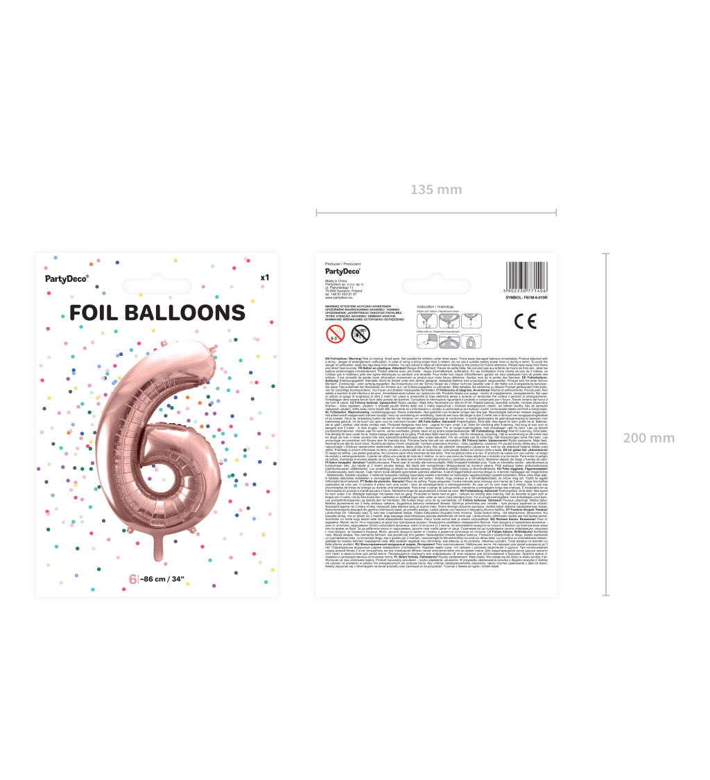 Fóliový balónek číslo 6, růžově zlatá, 80cm