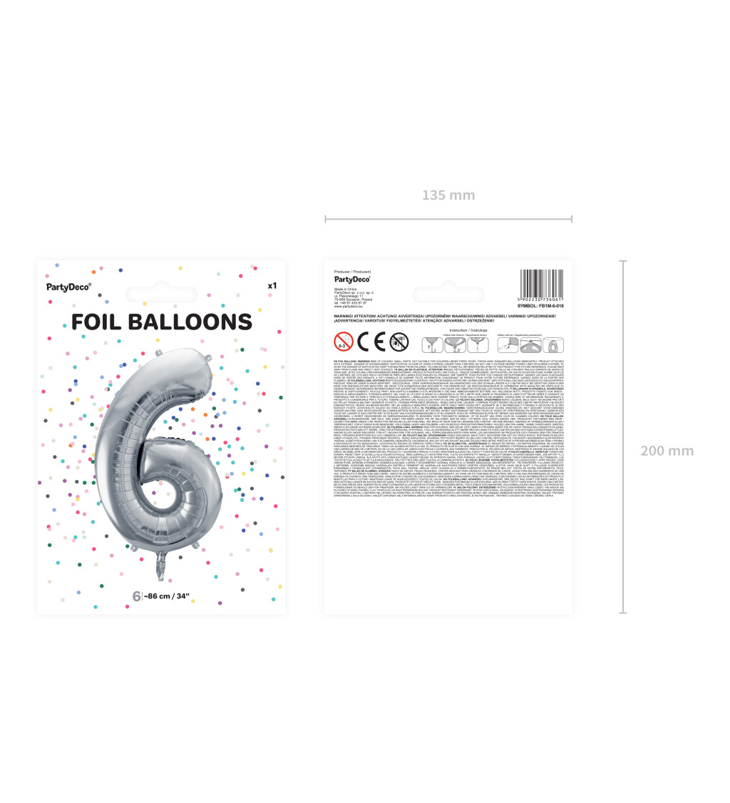 Fóliový balónek číslo 6, stříbrný, 86cm
