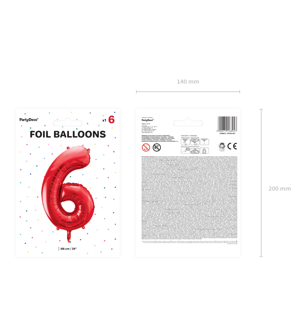 Fóliový balónek číslo 6, červený, 86cm