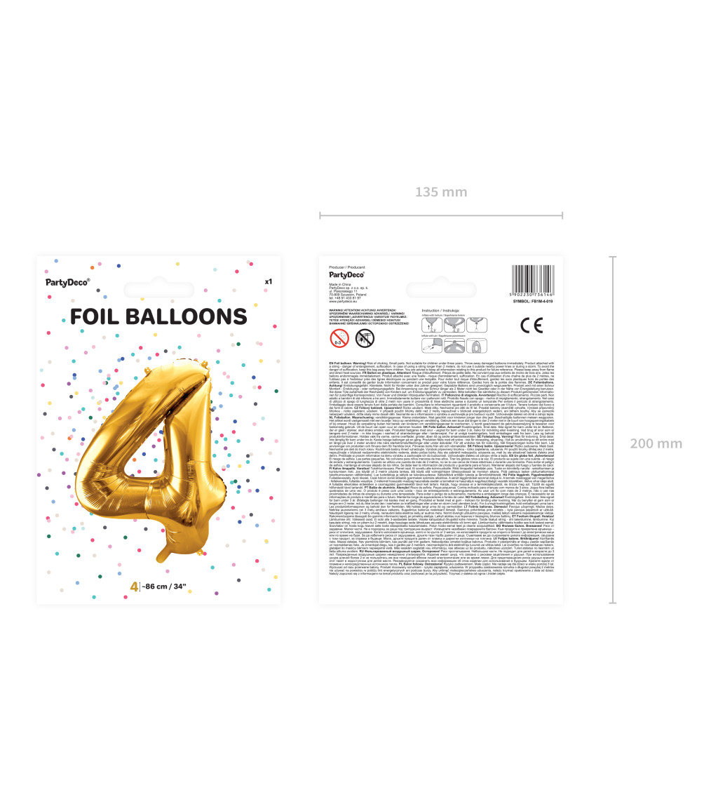 Fóliový balónek číslo 4, zlatý, 86cm