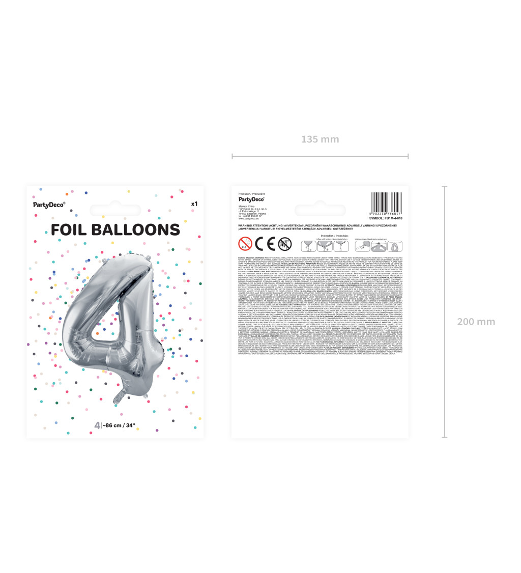 Fóliový balónek 4, stříbrný, 86cm