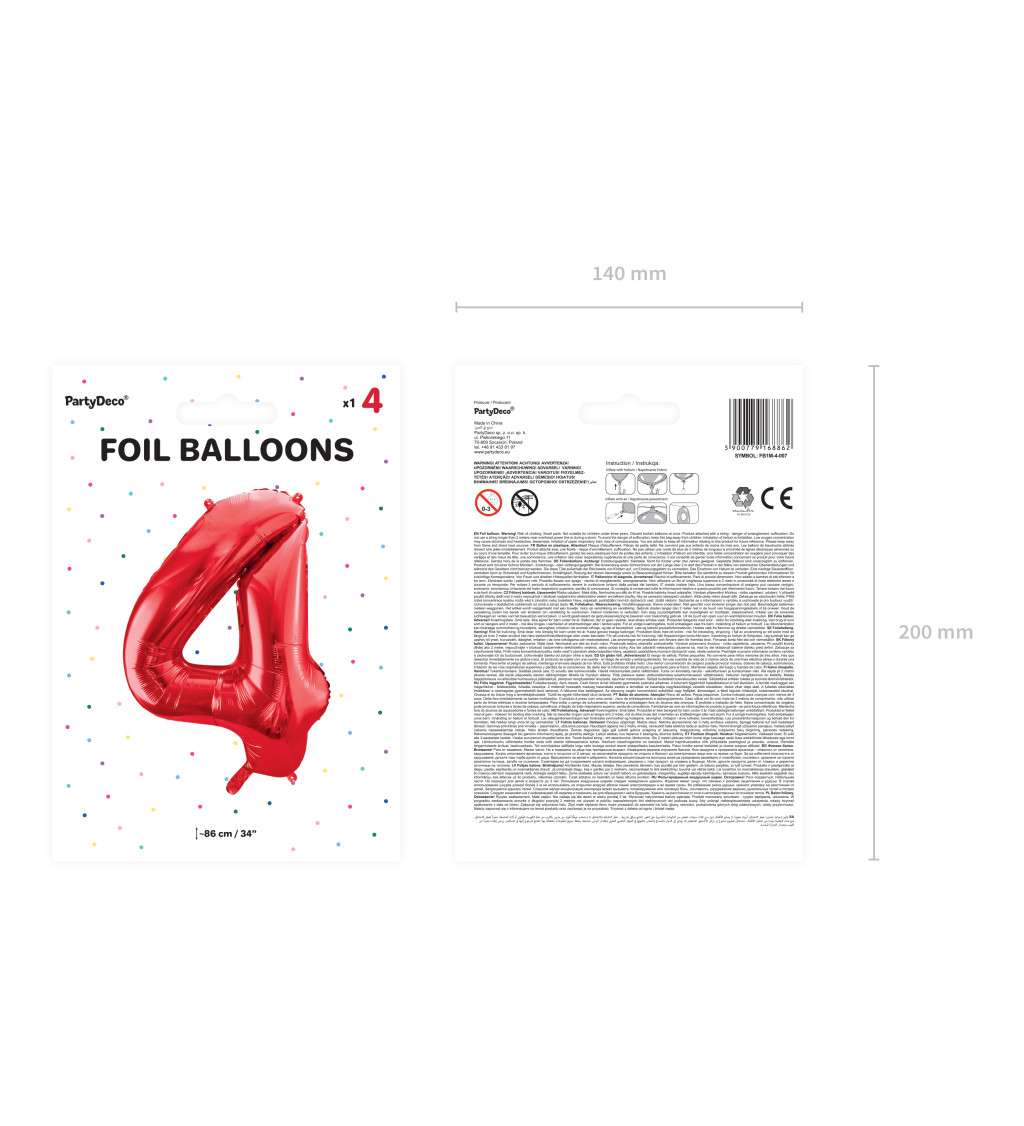 Fóliový balónek číslo 4, červená