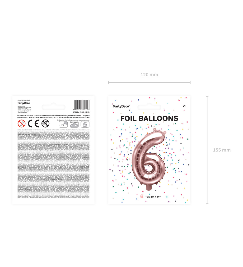 Fóliový balónek číslo 6, růžově zlatá, 35 cm