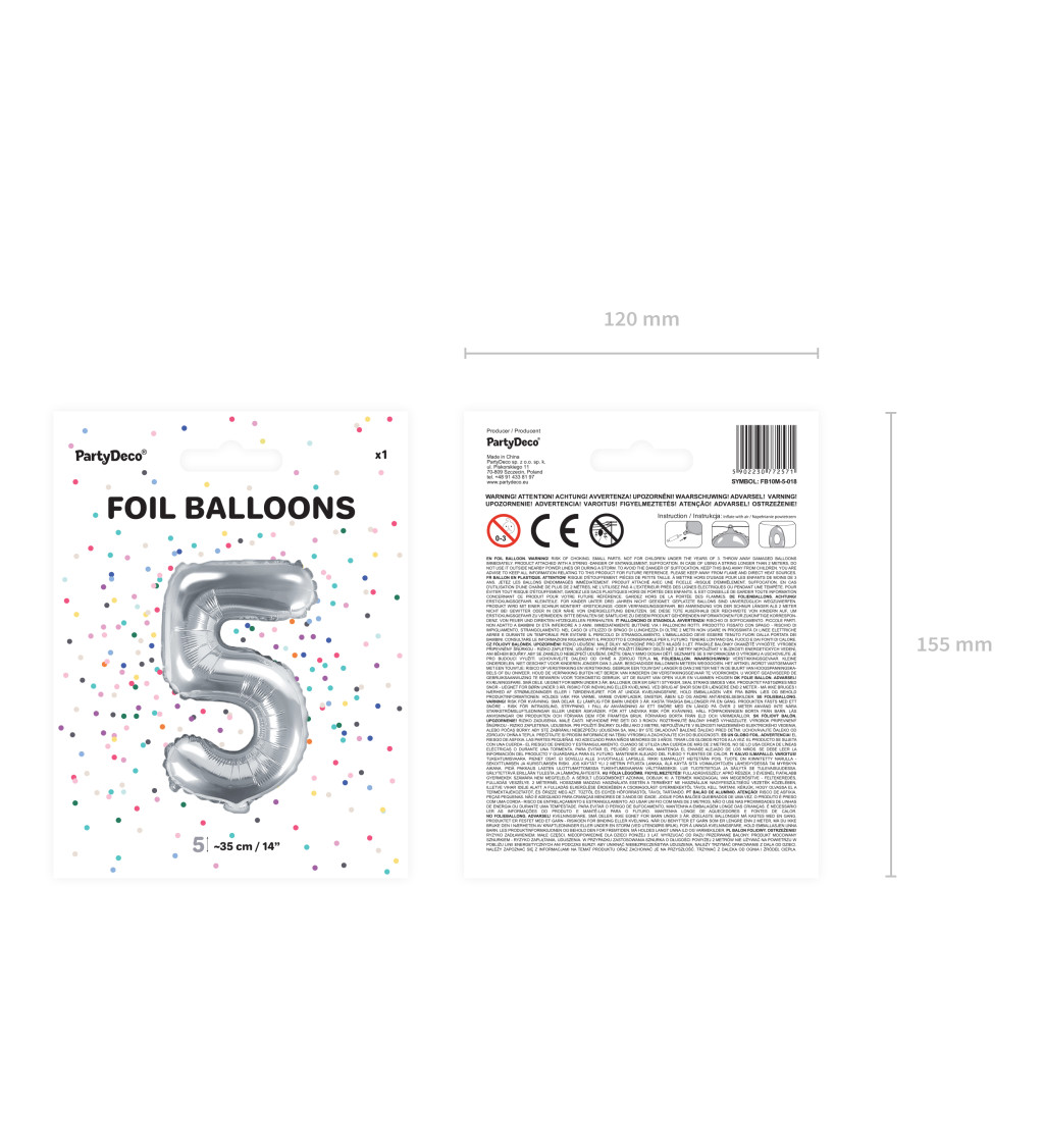 Fóliový balónek číslo 5, stříbrný