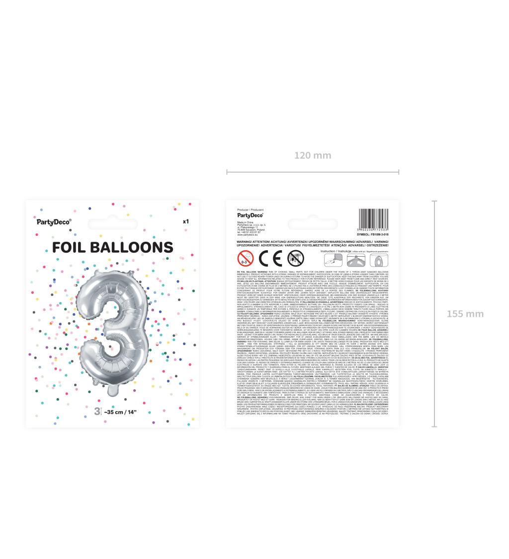 Fóliový balónek číslo 3, stříbrný, 35 cm