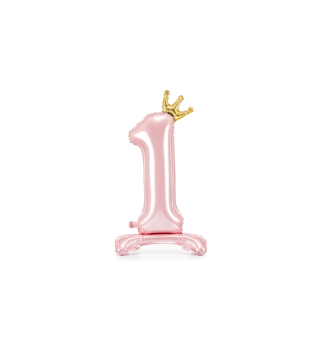 Fóliový balónek stojící číslo 1 s korunkou, růžový, 84 cm