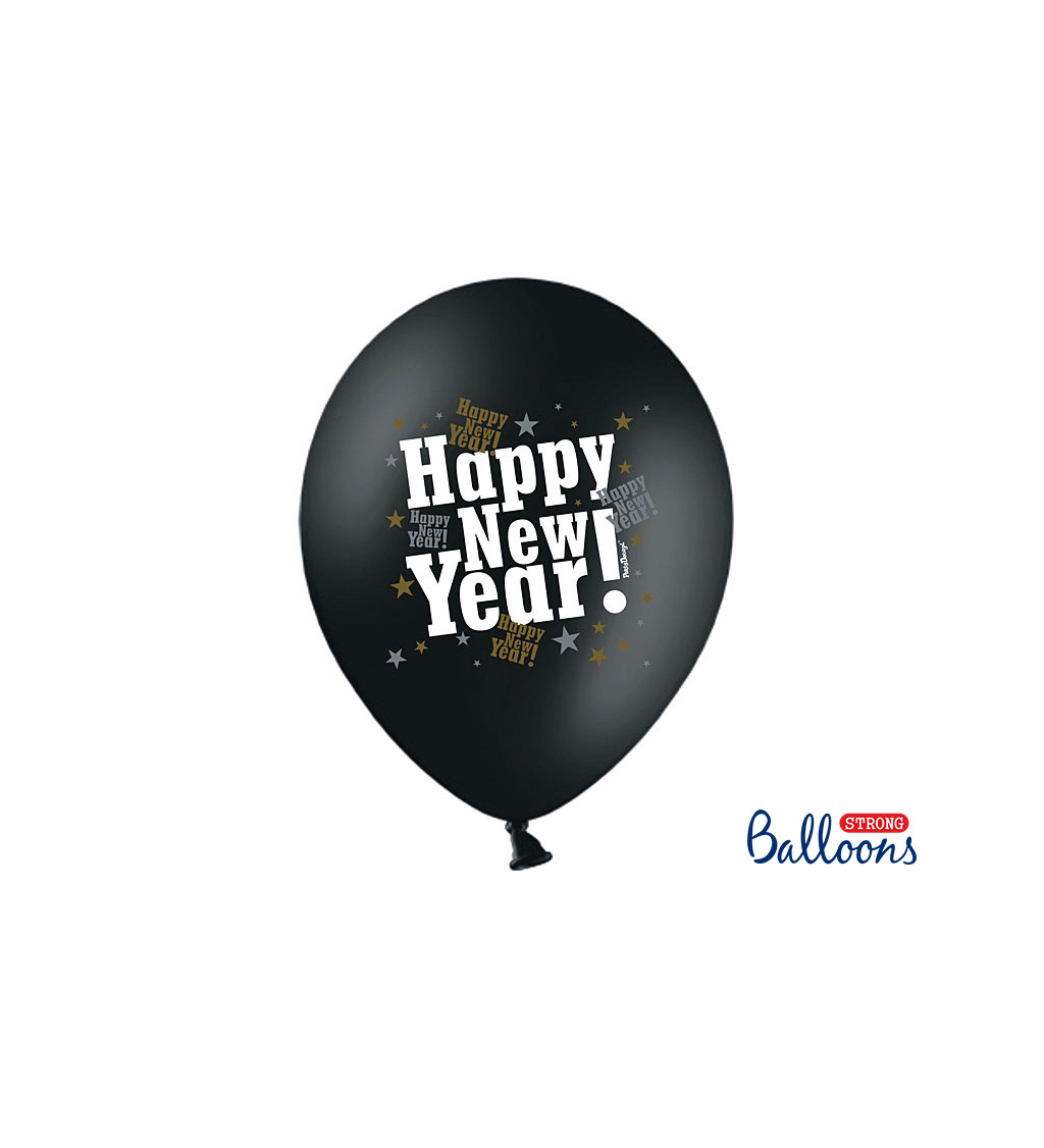 Latexové balónky 30 cm Happy new year, černé, 6 ks