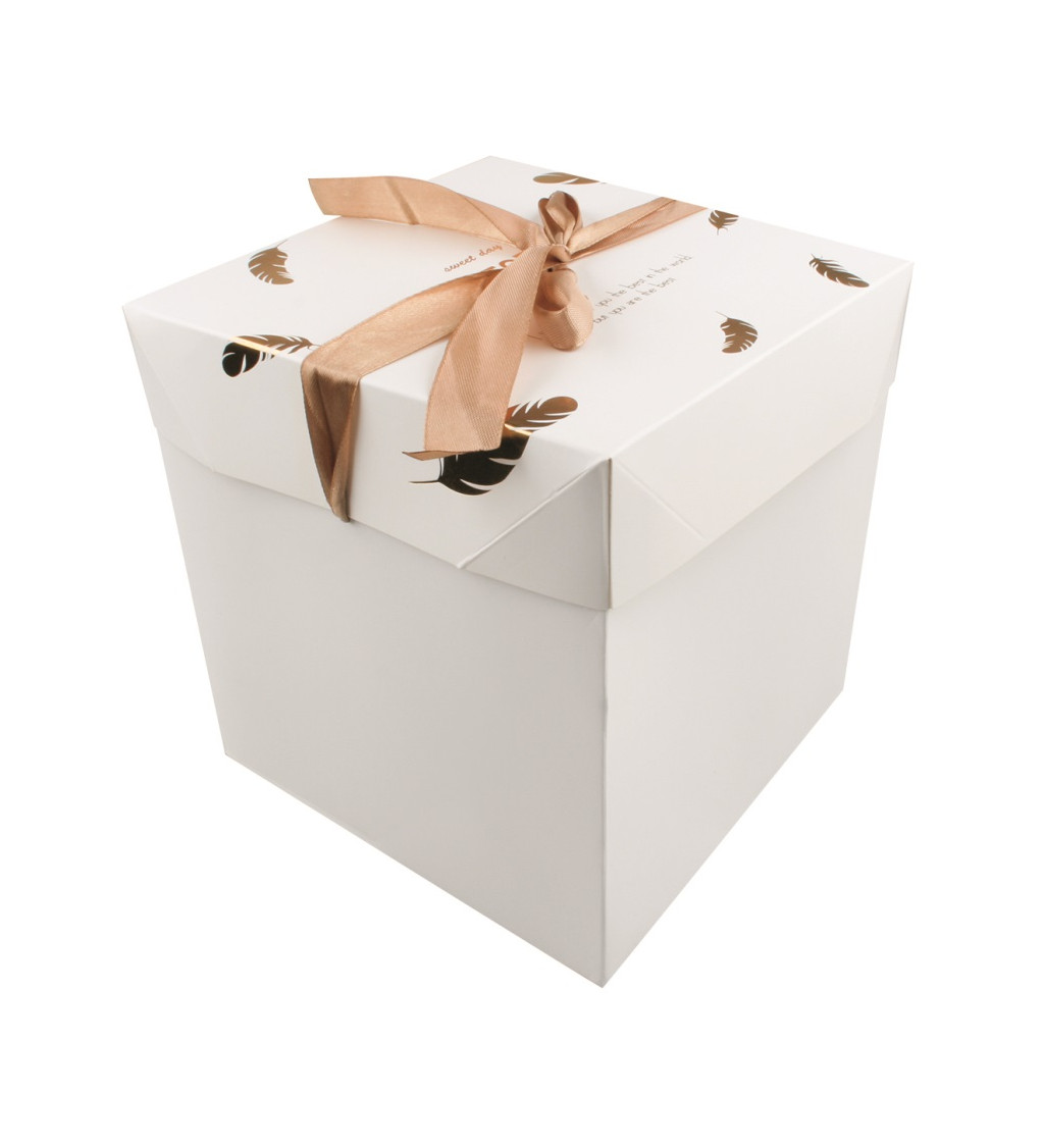 Dárková krabička - bílá se zlatými pírky a mašlí