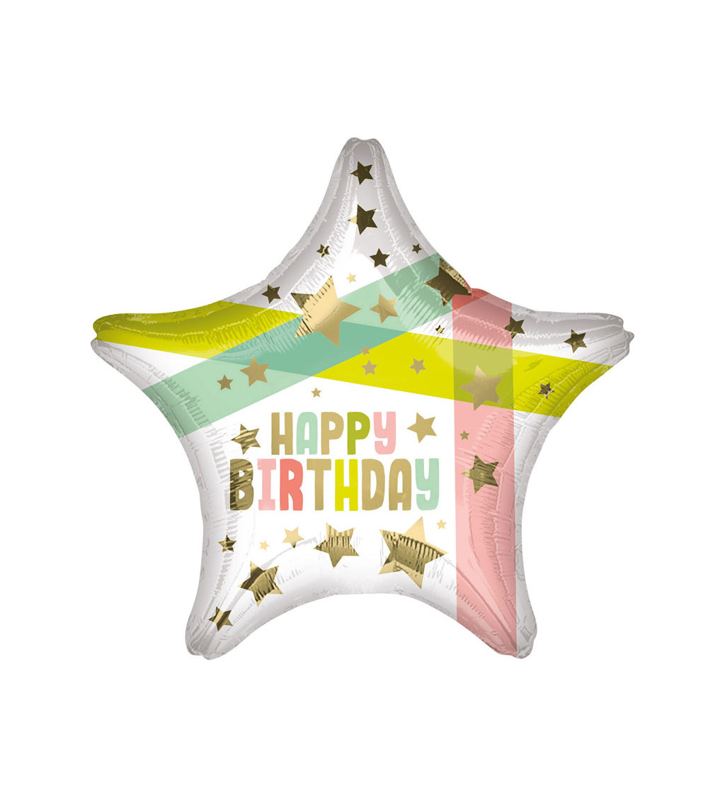 Fóliový balónek hvězda Happy birthday barevný 48 cm