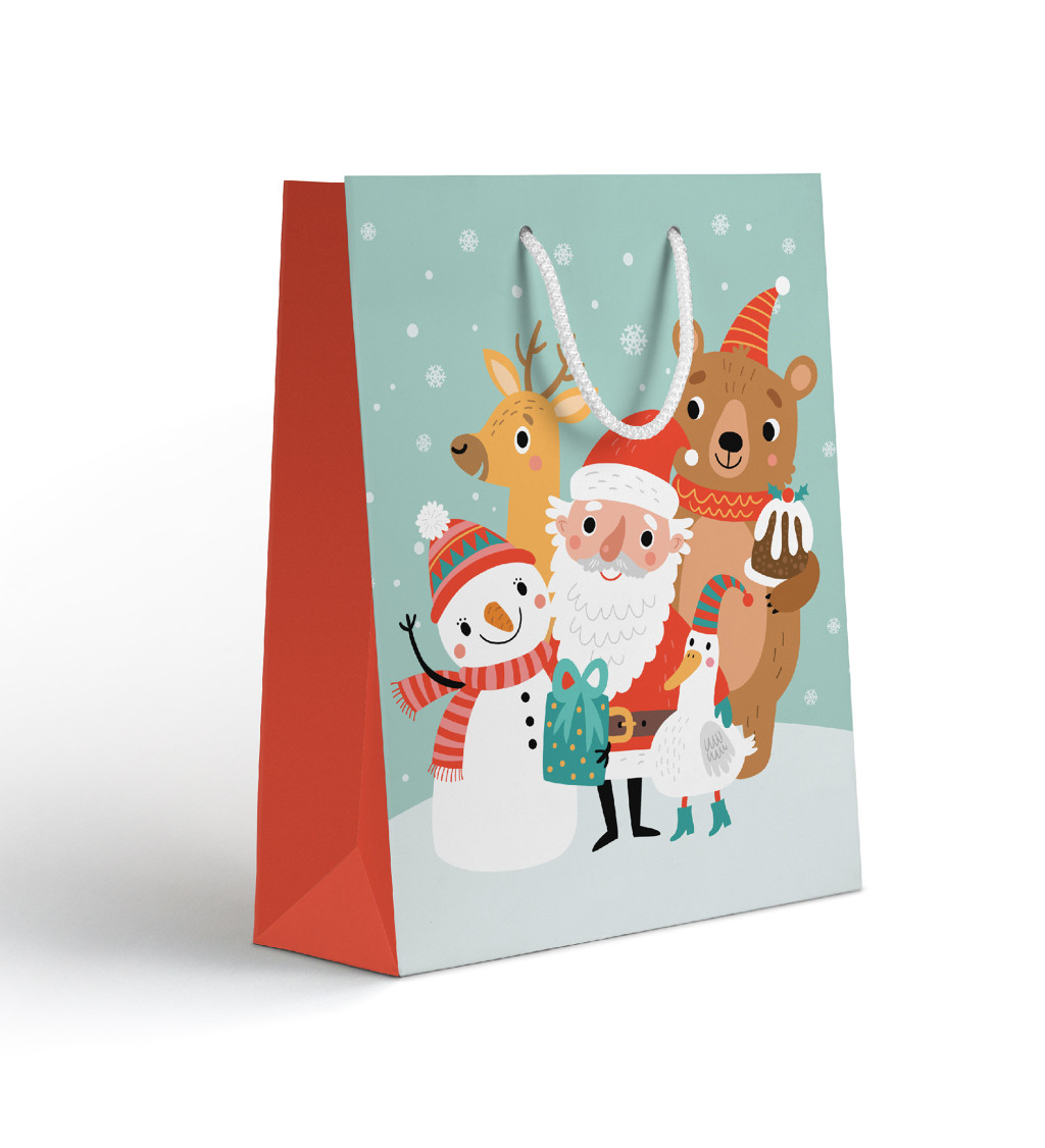 Dárková střední papírová taška - Santa a zvířátka
