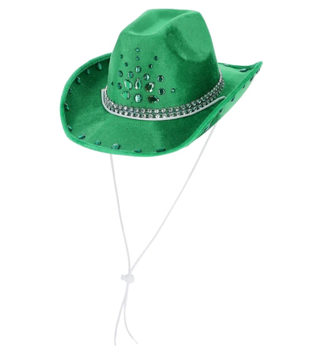 Kovbojský zelený klobouček s kamínky