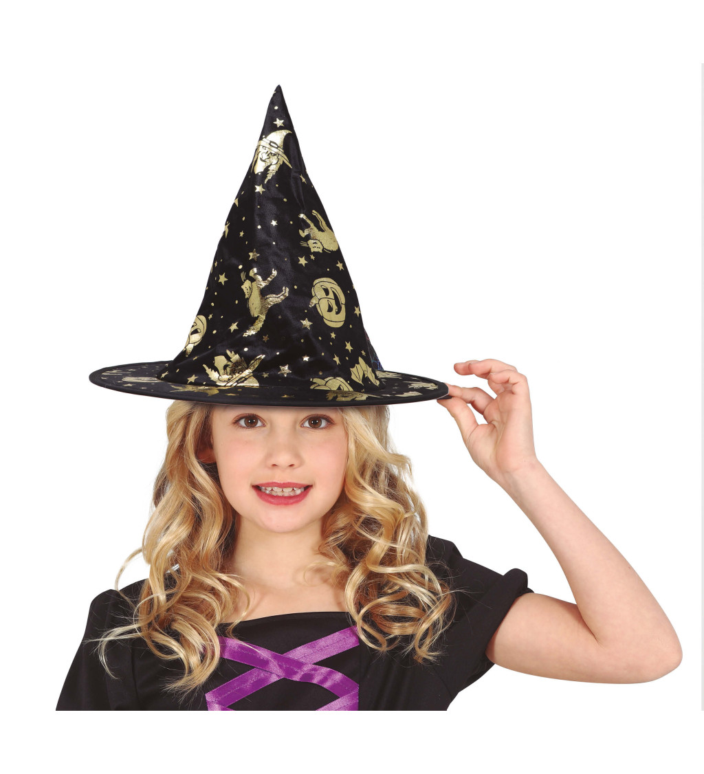 Dětský čarodějnický klobouk se zlatými motivy