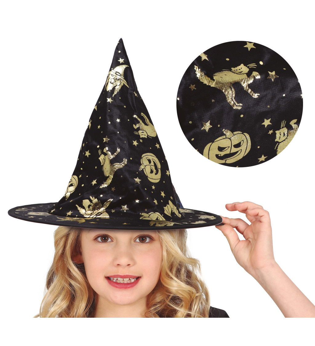 Dětský čarodějnický klobouk se zlatými motivy