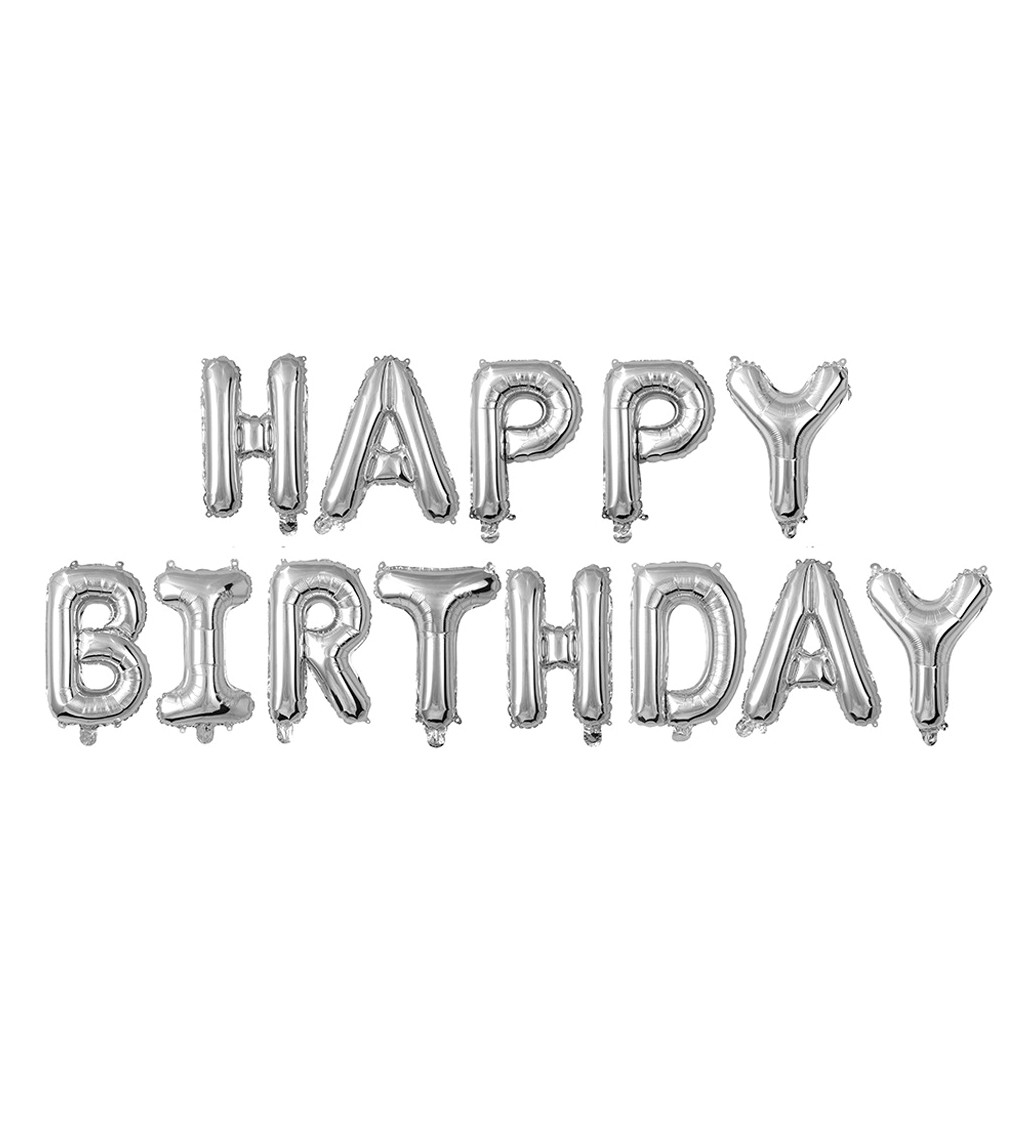 Fóliový balónek Happy birthday nápis stříbrný
