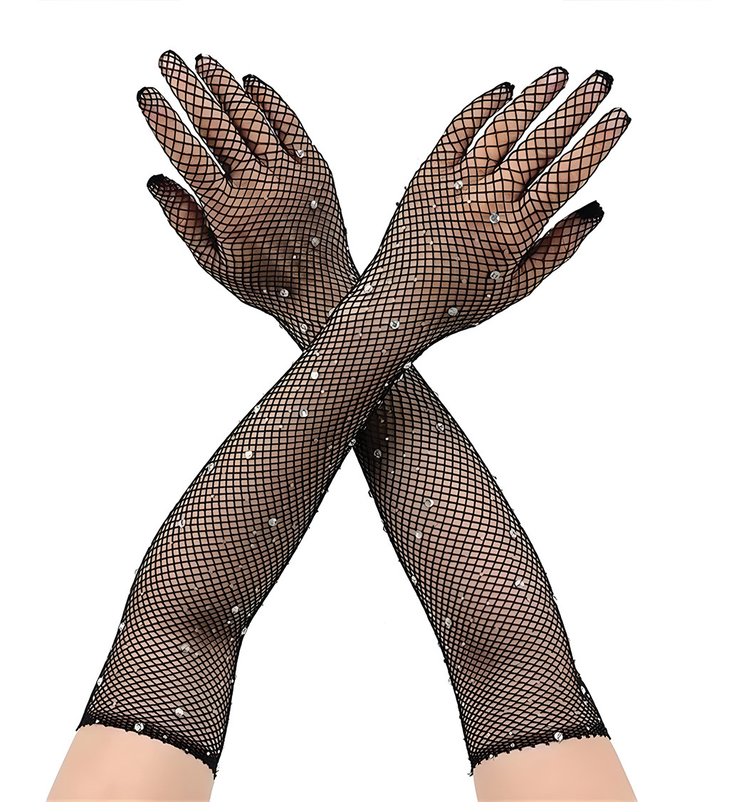 Dlouhé síťované rukavice s kamínky - černé