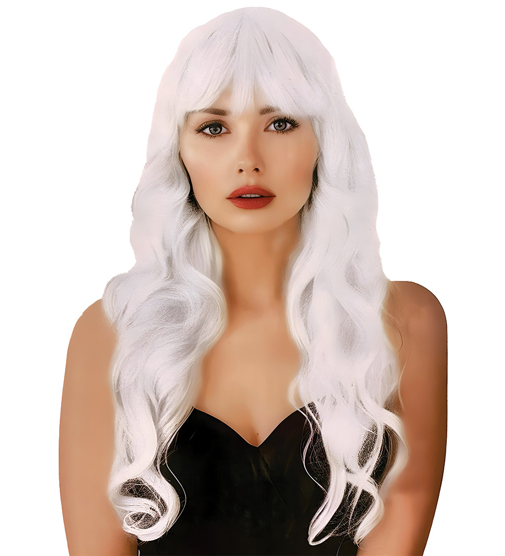 Dámská paruka - dlouhá vlnitá s ofinou, bílá