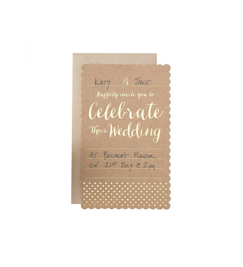 Kraftové svatební pozvánky se zlatým potiskem