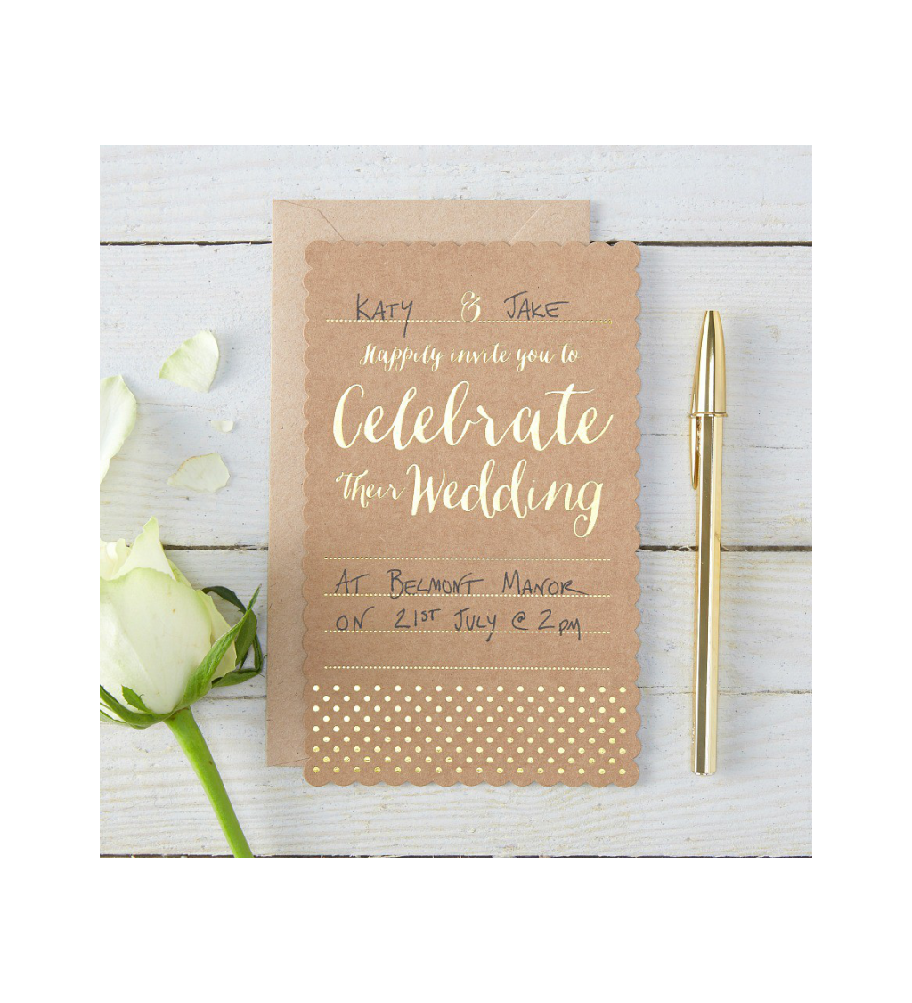 Kraftové svatební pozvánky se zlatým potiskem