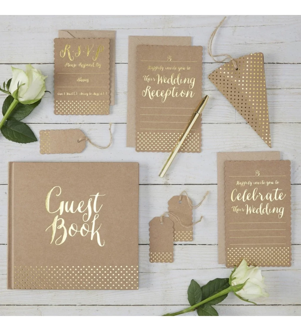 Kraftové svatební pozvánky se zlatým potiskem