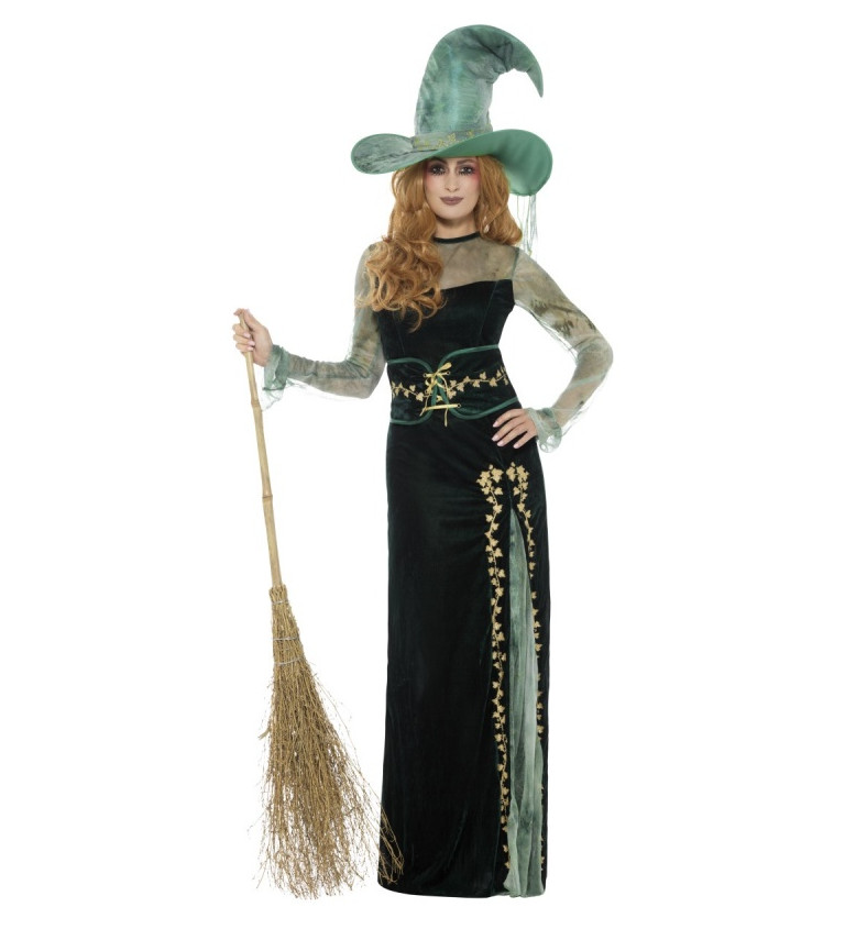 Halloween kostým - čarodějnice - zelený samet