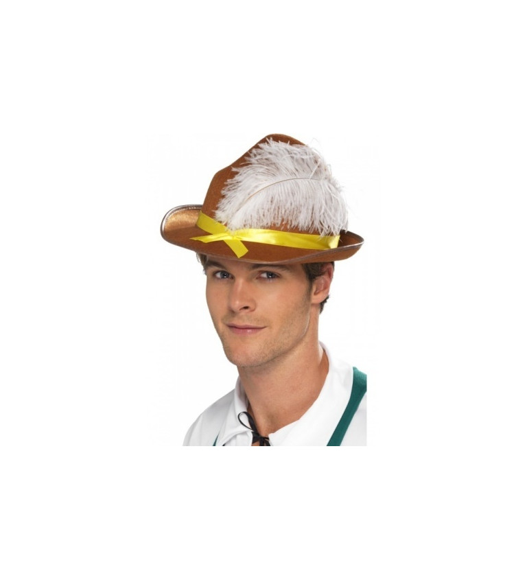 Bavorský klobouk - hnědý s peřím