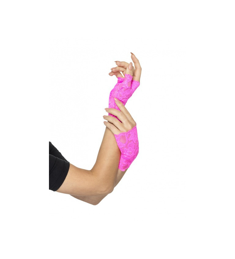 Krajkované rukavičky bez prstů - neonově růžové