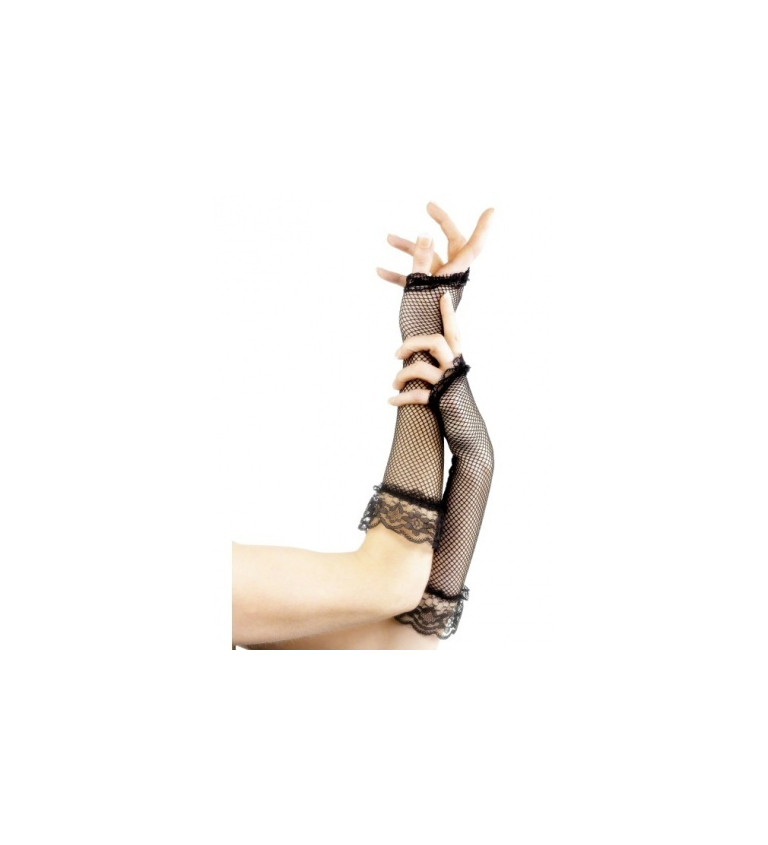 Síťované rukavice s krajkovým lemem - černé