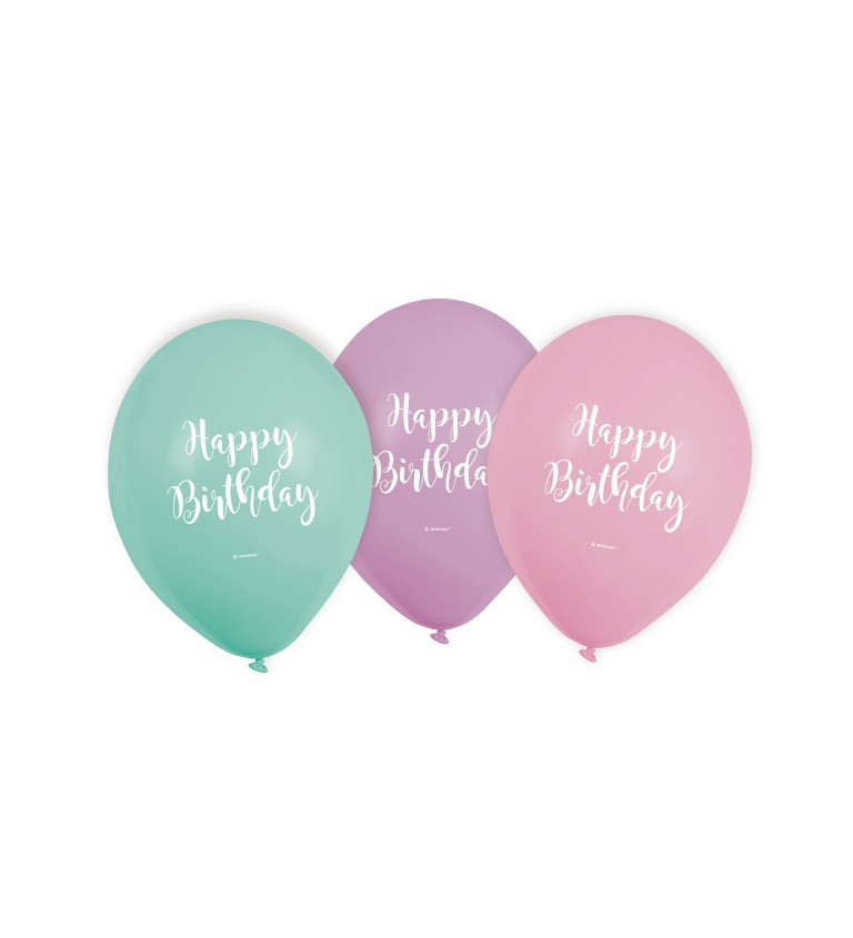 Latexové balónky 22,8 cm pastelové, Happy Birthday, 6 ks