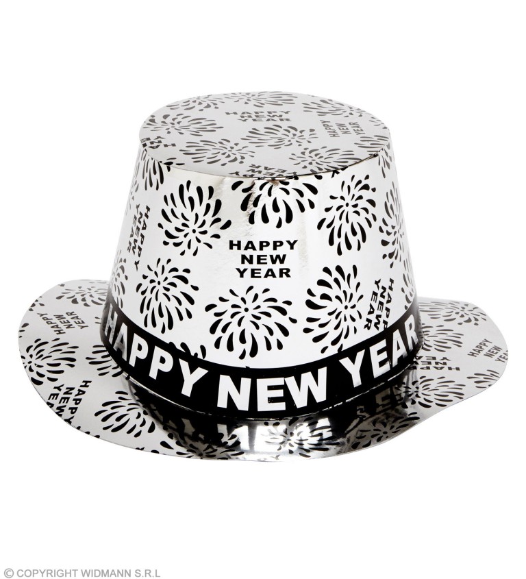 Klobouk Happy New Year - stříbrný cylindr