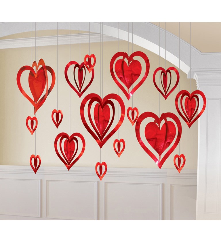 Valentýnská dekorace 3D červená srdíčka